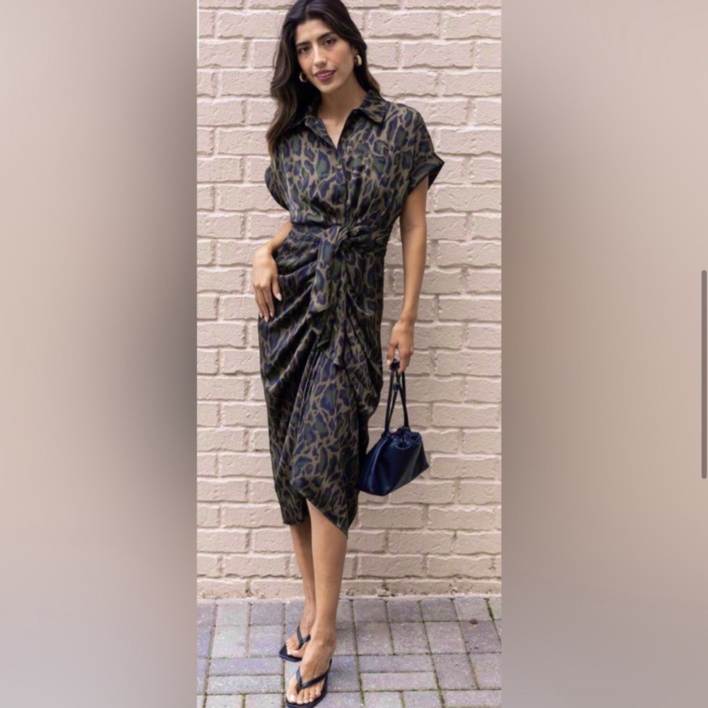 Steve Madden TORI Tony camo green satin look belted button front shirtdress szL - Picture 8 of 17